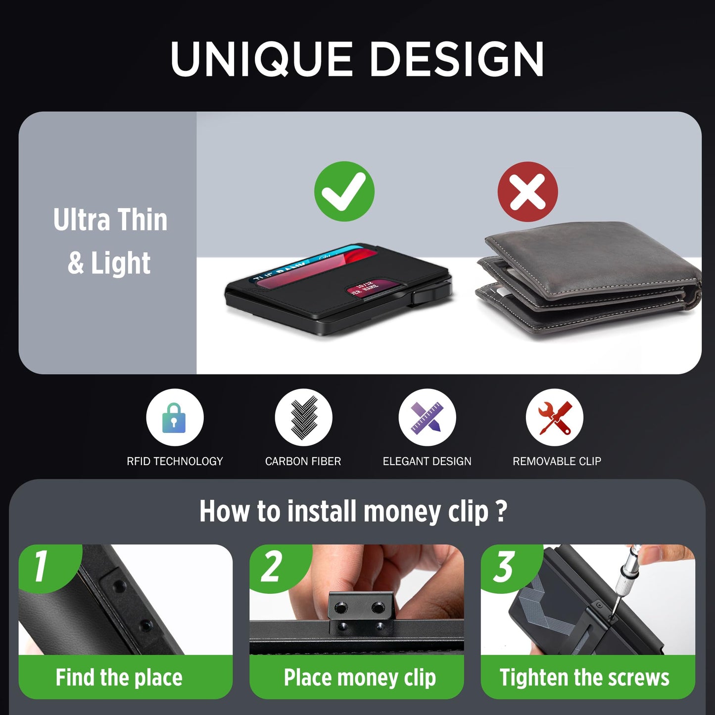 ILAOLIU Wallet for Men - Slim Leather Mens Wallet Pop up Card Holder with Money Clip,Credit Card Slots,ID Window - RFID Blocking Minimalist Wallet (Dark Black)