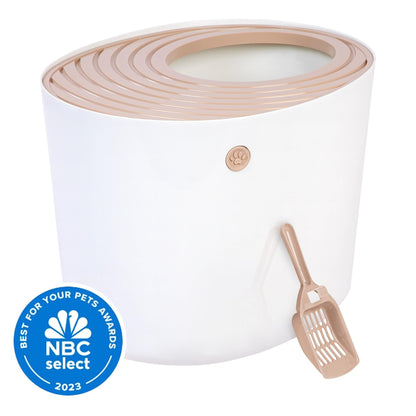 IRIS USA Cat Litter Box, Large Top Entry with Litter Catching Lid and Scoop, Dog Proof, Cat Box Enclosure, Beige/White