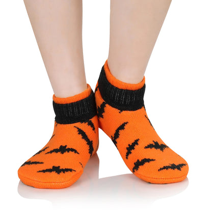 Zando Women's Warm Cozy Ankle Socks - Winter Slipper Socks with Non-Slip Gripper, Fuzzy Thick Socks for Halloween in Orange Bat Design
