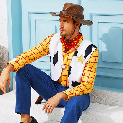 Woody Shirt Cowboy Vest Bandana Sheriff Badge Set Men's Halloween Cosplay Costume Kit Accessory XL