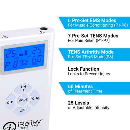 iReliev TENS + EMS Combination Unit Muscle Stimulator for Pain Relief, Arthritis, Muscle Strength - Treats Tired, Sore Muscles in Your Shoulders, Back, Ab's, Legs, Knee's, More