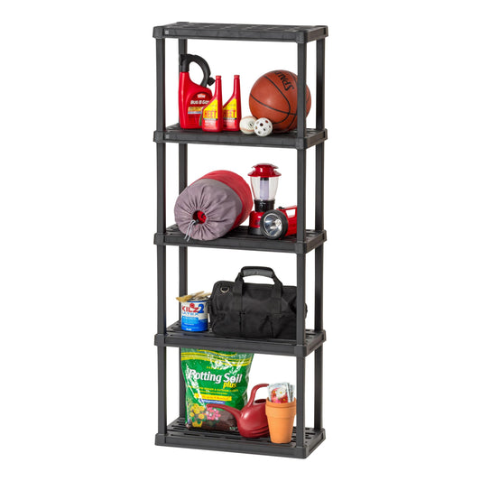 IRIS USA 5-Shelf Light Duty Plastic Storage Shelves, 250lb Capacity, 64"H x 24"W x 12"D, Medium Modular Shelving Unit Storage Organizer for Garage, Home, Bathroom & Laundry, Storage Rack - Black