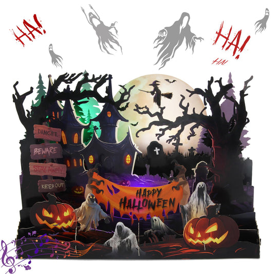 XTF2015 Halloween Card with Lights & Spooky Music, 3D Halloween Cemetery Greeting Cards, Accordion Haunted House-Ghosts, pumpkins, witches Includ Envelope and Note Tag for Kids, Friend, Family