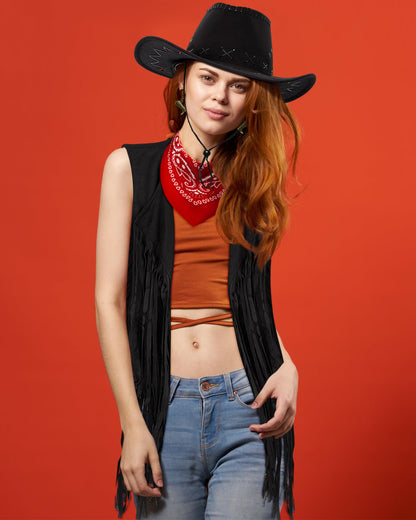 Xtinmee 4 Pcs Halloween Western Cowgirl Outfits Set Women Tassel Vest Cowboy Hat Dangle Drop Earring Paisley Bandana Dress up(Small,Black)