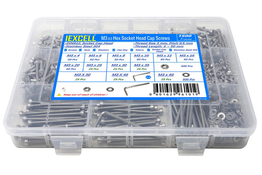 iexcell 1500 Pcs M3 x 4/6/8/10/12/16/20/25/30/35/40/45/50 Stainless Steel 304 Hex Socket Head Cap Screws Blots Nuts Washers Assortment Kit