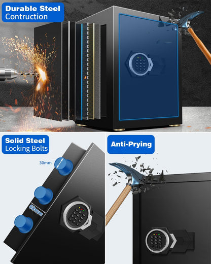 2.8 Cub Home Use Safe Box Fireproof Waterproof, Safety Box with Digital Keypad Sensor Light Key for Hotel Office Money Documents