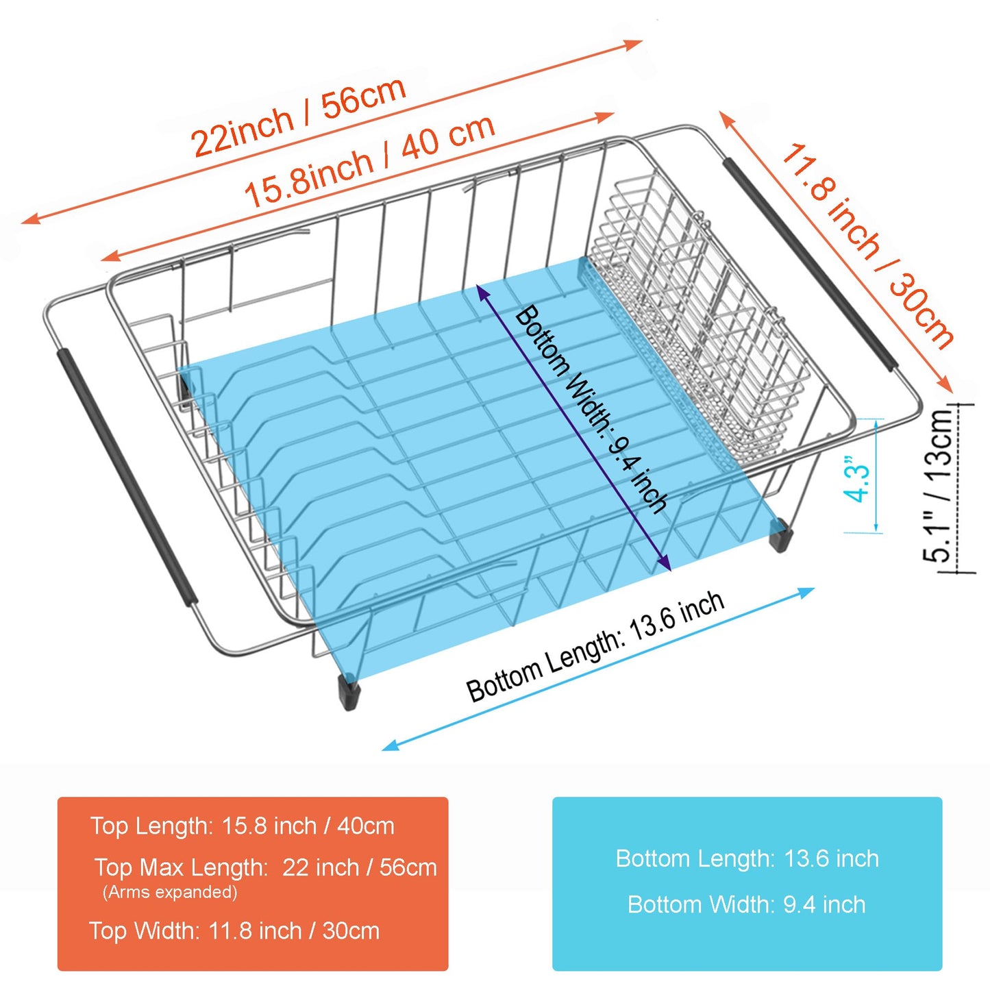 iPEGTOP Expandable Multifunctional Dish Drying Rack, Rustproof Stainless Over Sink Dish Drainer Rack Basket Shelf, Dish Drainer in Sink or On Counter Organizer with Utensil Cutlery Holder