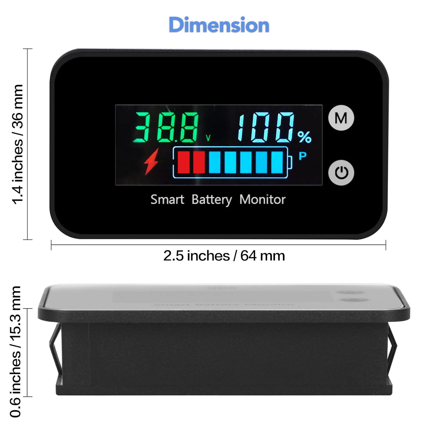 IPX7 Waterproof Battery Monitor with Bracket 7-100V,12v 24v 36v 48v 60v 72v Digital Display Battery Capacity Remaining Capacity Percentage Tester with Buzzer Alarm and Temperature