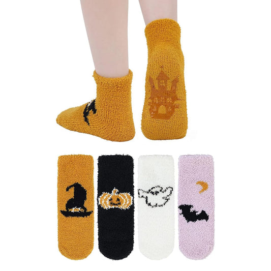 Zando Women's Fuzzy Halloween Socks - Soft, Warm, Non-Slip, Elastic, Cozy, Fluffy Socks With Ghost Print
