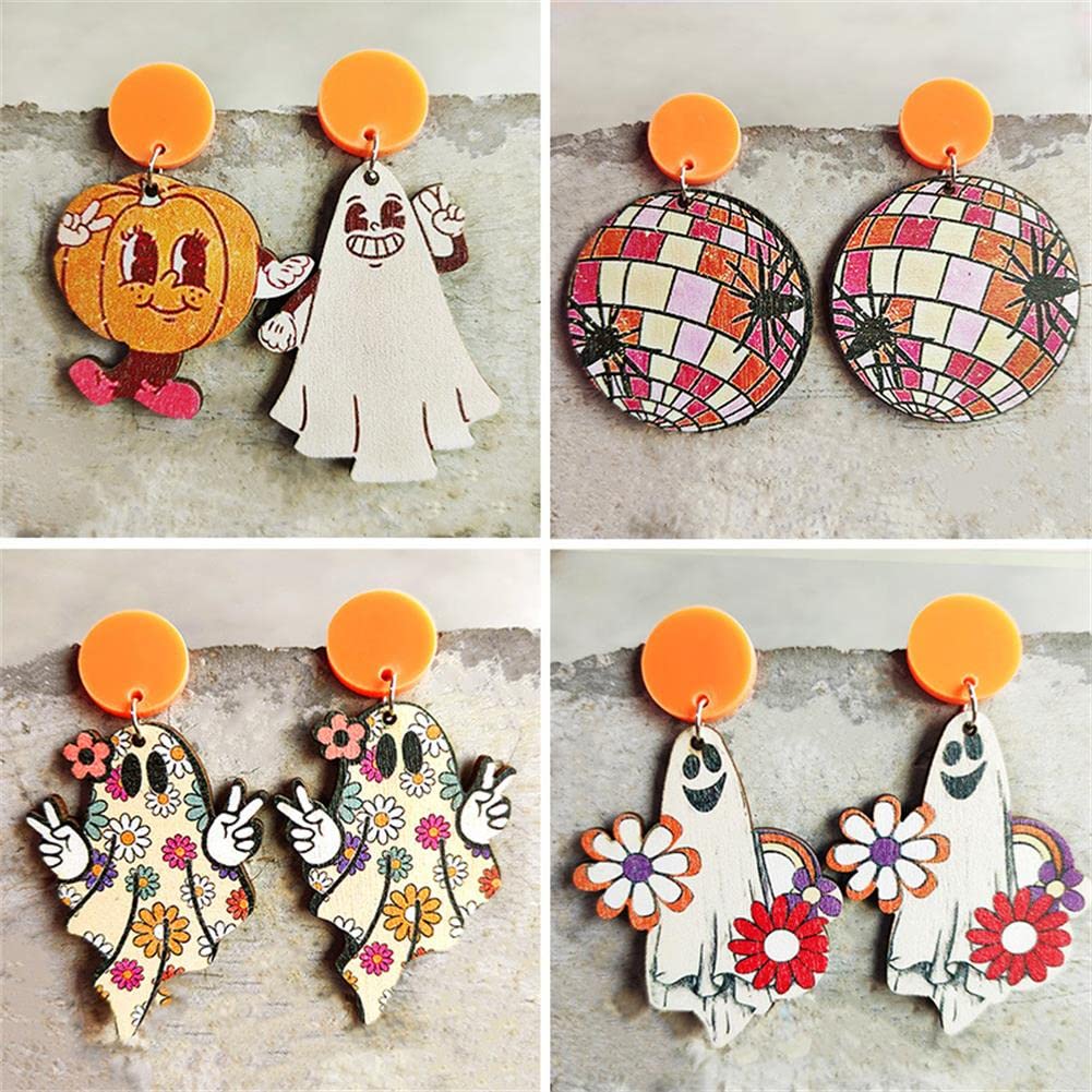 Wooden Halloween Earrings - Ghost Pumpkin Dangle Earrings, Cartoon Thanksgiving Turkey Maple Wood Jewelry for Women