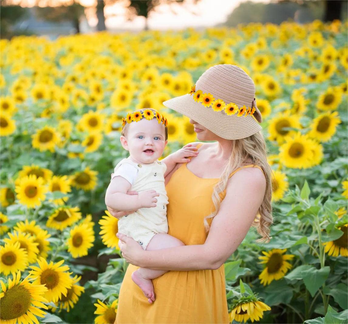 WOVOWOVO 2 Packs Sunflower Crown Headbands For Women Girls, Floral Daisy Hippie Hair Accessories Fall Flower Crown Adjustable Handmade Headpiece Photo Props Party Vacation (Yellow)
