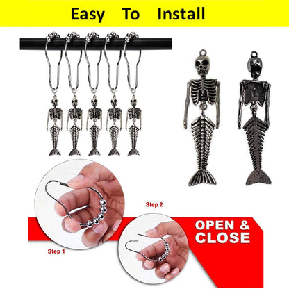 ZILucky 12Pcs Mermaid Skeleton Shower Curtain Hooks Halloween Decorative Home Bathroom Decor Rustproof Skeletons Shower Curtain Rings (Mermaid Skull Silver)