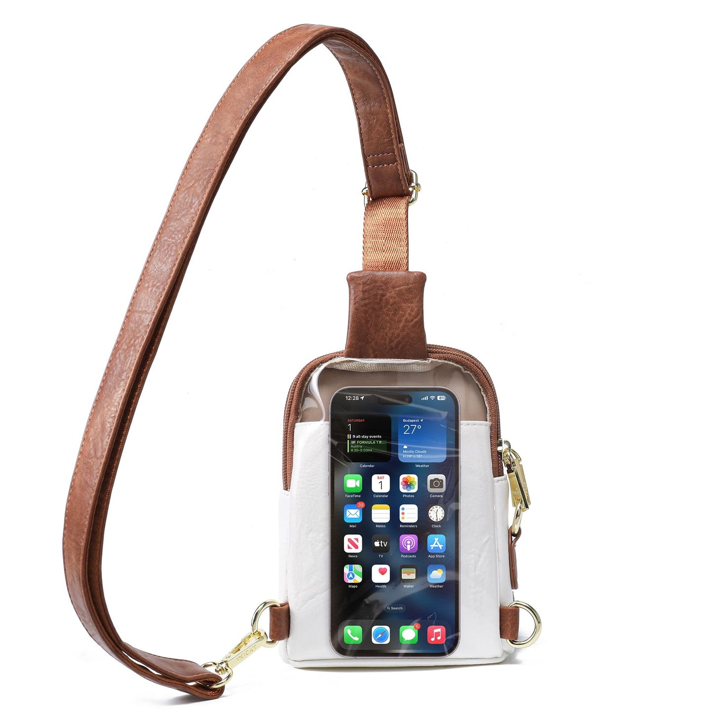 INICAT Sling Bag for Women Touchscreen Small Crossbody Cell Phone Purse Fanny Pack（White Brown Anti Theft Small)