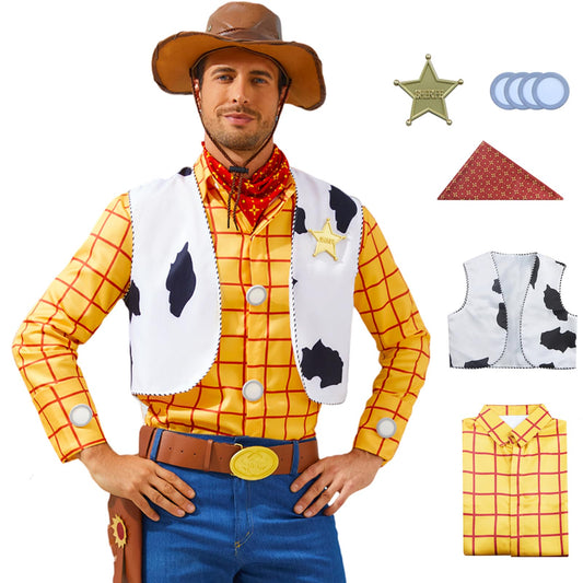 Woody Shirt Cowboy Vest Bandana Sheriff Badge Set Men's Halloween Cosplay Costume Kit Accessory XL
