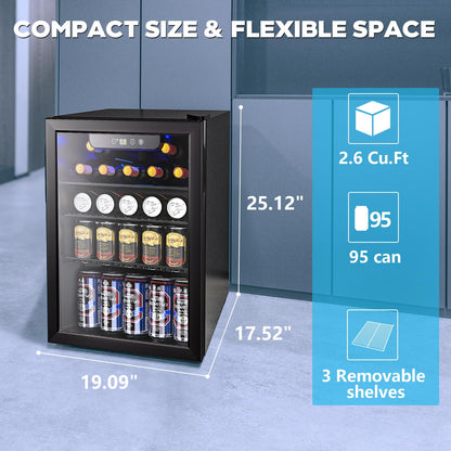 2.6 Cu.ft Beverage Refrigerator Cooler, 95 Can Mini Fridge Glass Door with Adjustable Shelves, Digital Temperature Display, Freestanding Small Drink Fridge for Home, Office or Bar(Black)