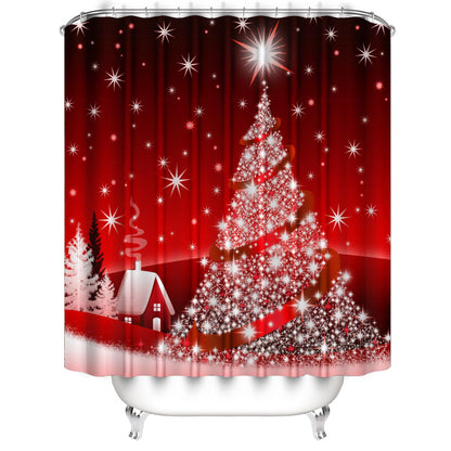 Yddsky 4PCS Red Christmas Tree Shower Curtain Sets, Christmas Village Printed Shower Curtain Sets with Rugs, Toilet Lid Cover and Bath Mat for Bathroom Set Decor Christmas Bathroom Decor Theme