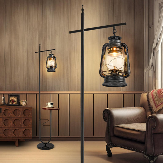 workluurop Vintage Floor Lamp with Table,Classical Lantern Standing Rustic Farmhouse Nightstand Hanging Arc Floor Lamp with Black Silver Finish,for Living Room,Bedroom,Reading Room(Silver)