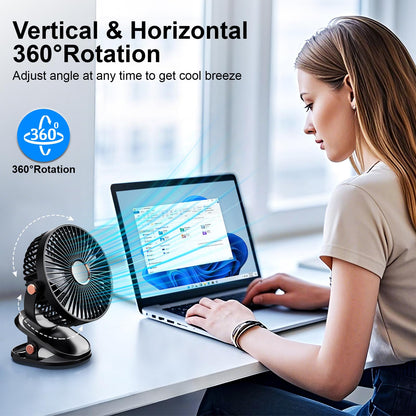iNeibo 4000mAh Portable Clip on Fan with LED Lights, Battery Operated USB Desk Fan,4 Speed Quiet Rechargeable Mini Table Fan, 360° Rotate Personal Cooling Fan for Home Office Stroller Camping (Black)