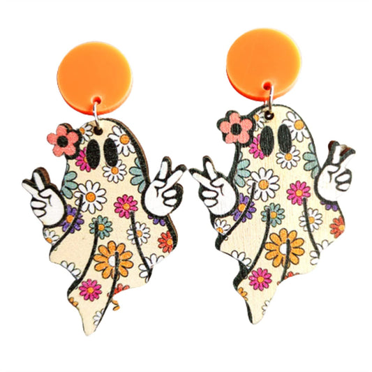 Wooden Halloween Earrings - Ghost Pumpkin Dangle Earrings, Cartoon Thanksgiving Turkey Maple Wood Jewelry for Women