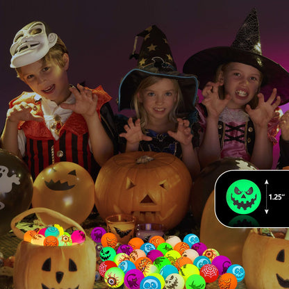 Yunaking Halloween Party Favors Kids Toys 64Pcs Halloween Toys Glow In The Dark Party Decoration Supplies Bouncy Balls Toy for Kids halloween Bag Fillers with Pumpkin Buckets Trick or Treat