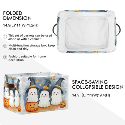 xigua Cute Cartoon Ghosts Storage Basket Foldable Storage Bin, Canvas Rectangular Storage Basket with Leather Handles for Home Closet & Office Decoration