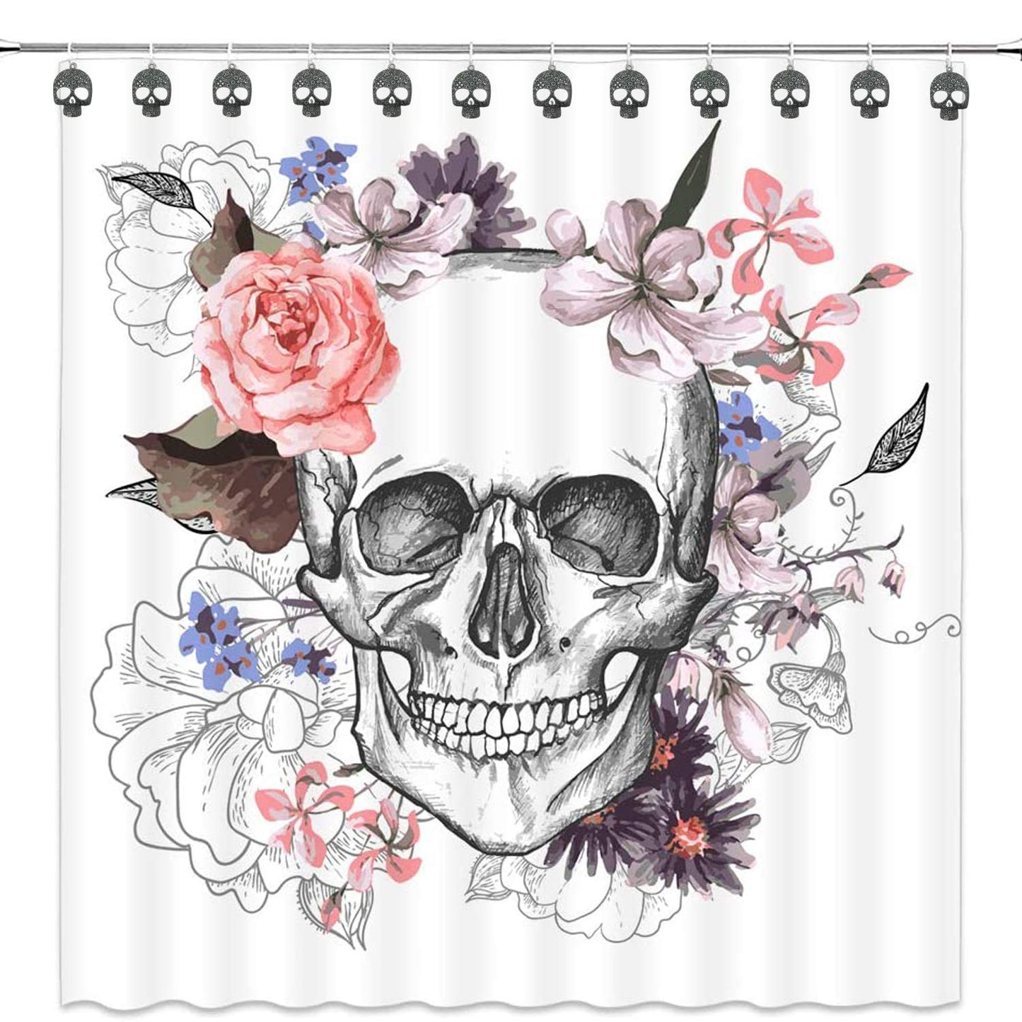 ZILucky Set of 12 Sugar Skull Shower Curtain Hooks Decorative Home Bathroom Stainless Steel Rustproof Skeletons Shower Curtain Rings Decor Accessories (Pewter)