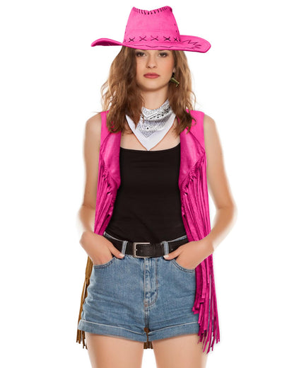Xtinmee 4 Pcs Halloween Western Cowgirl Outfits Set Women Tassel Vest Cowboy Hat Dangle Drop Earring Paisley Bandana Dress up(Medium,Pink)