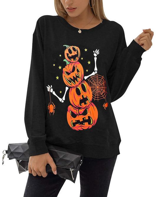 zarmfly Halloween Sweatshirts for Women Pumpkin Skeleton Shirts Long Sleeve Funny Pumpkin Graphic Halloween Tops M 8111