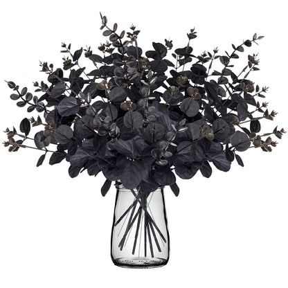 Yen Jean 20PCS Black Halloween Decor Artificial Flowers Bulk - Eucalyptus Stems Branches Decorations for Table Indoor Centerpieces Party Supplies