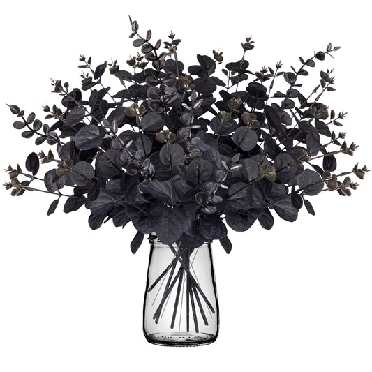 Yen Jean 20PCS Black Halloween Decor Artificial Flowers Bulk - Eucalyptus Stems Branches Decorations for Table Indoor Centerpieces Party Supplies