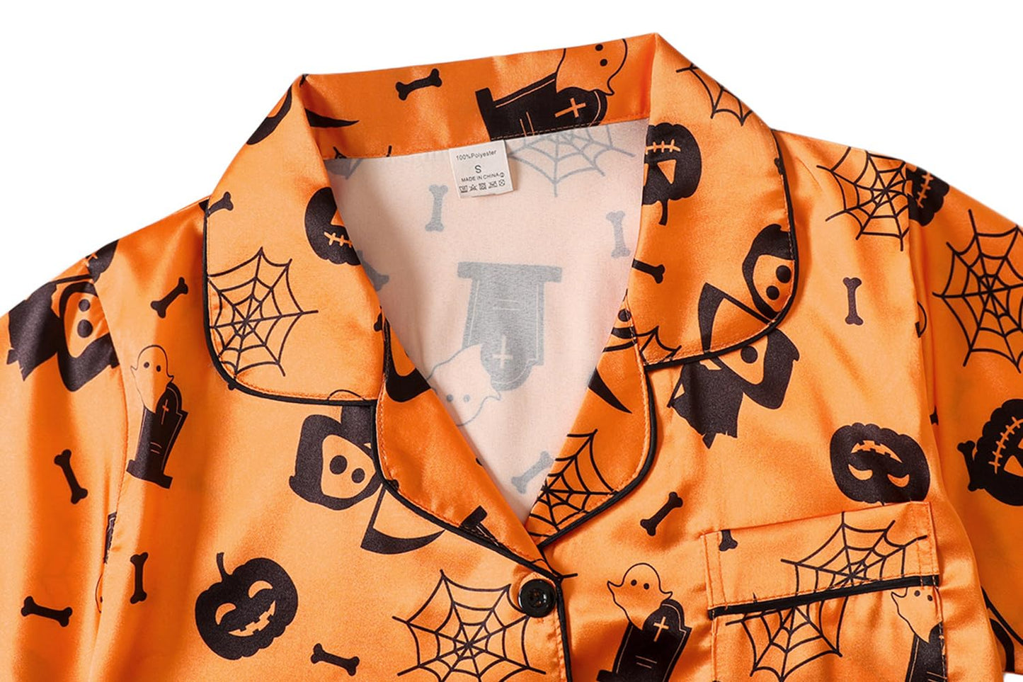 YIJIU Womens Halloween Satin Silky Pajama Sets Short Sleeve Sleepwear Button Down Loungewear 2 Piece Pjs Shorts Set,Halloween Orange,XS