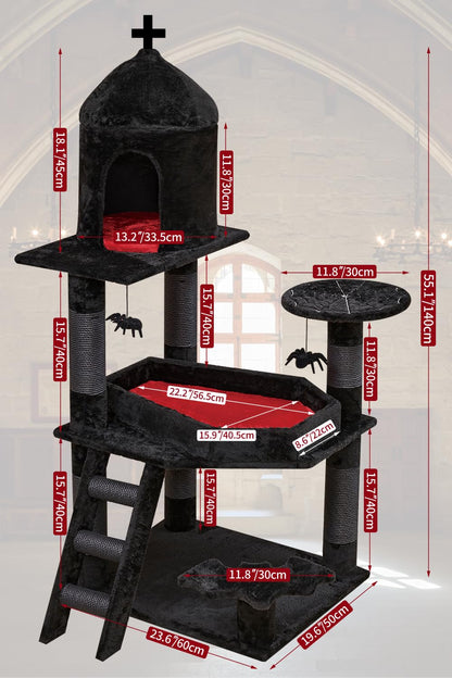 YARUOMY Gothic Cat Tree with Coffin Bed，55" Cat Tower with Spacious Cat Condo，Scratching Posts，Spider Hanging Ball，Multi-Level Cat Activities Furniture for Large Cats, Black Halloween