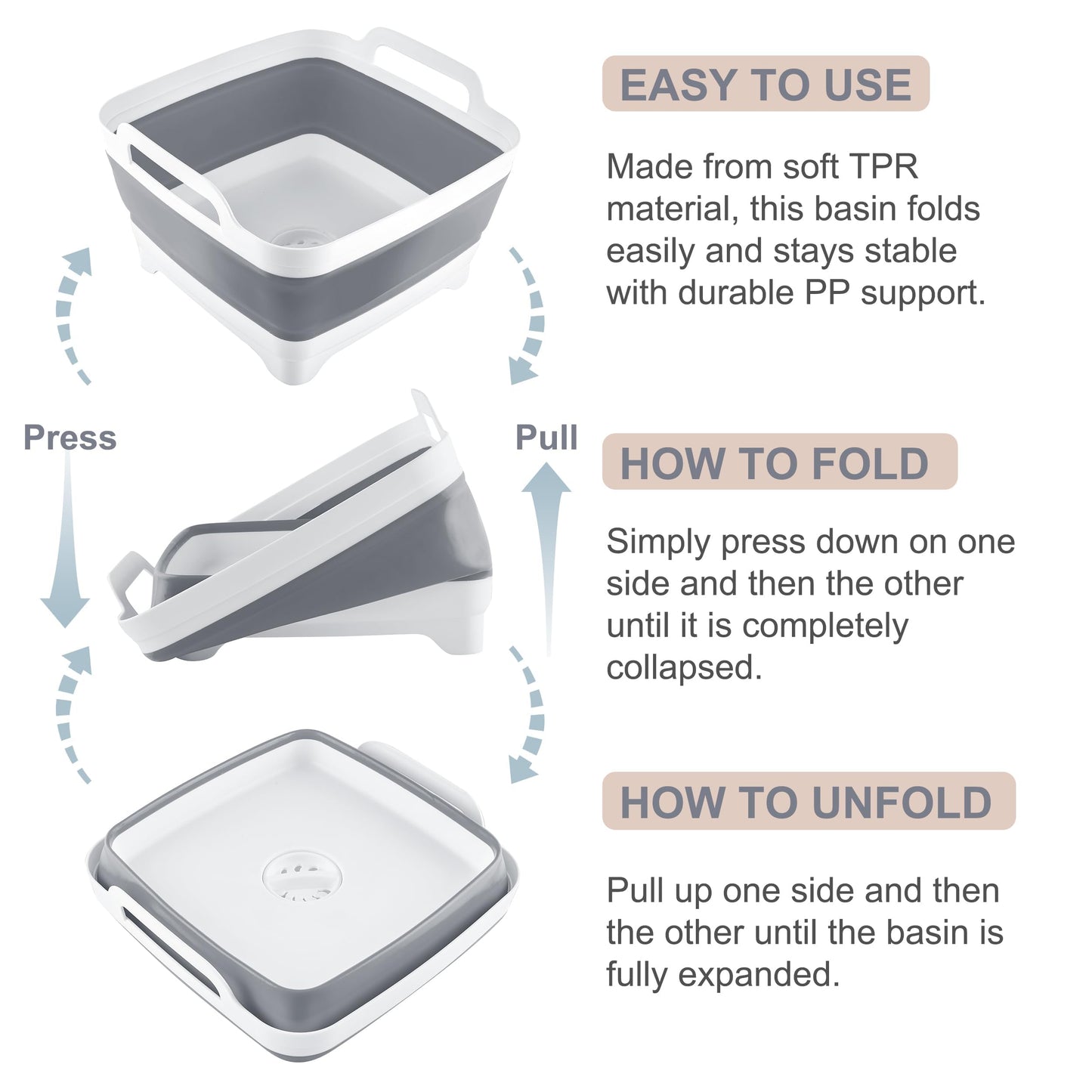 2.4 Gal(9L) Collapsible Dish Basin with Drain Plug, Space Saving Outdoor Multiuse Foldable Sink Tub, Dishpan, Kitchen Storage Tray for Camping, Vegetable Washing, RV (Gray)