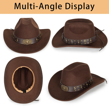 Womens Western Cowboy Hats Studded Pinched Western Cowgirl Hats Wide Brim Fedoras Hat with Belt Buckle (Size:Medium) Brown