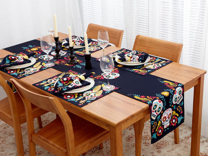 YiHomer Day of The Dead Halloween Tabletop - Dia De Los Muertos Floral Skeleton Mask, Cinco De Mayo Mexican Fiesta Party Home Kitchen Dining Room Decor, Sugar Skull, Napkin Set, 20 x 20