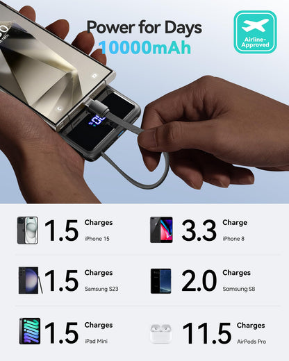 INIU 45W Power Bank, Slimmest 10000mAh Portable Charger with Build in USB-C Cable, Fast Charging USB C in&Out Battery Pack, Travel External Phone Charger for iPhone 16 15 Samsung S24 S23 Google etc