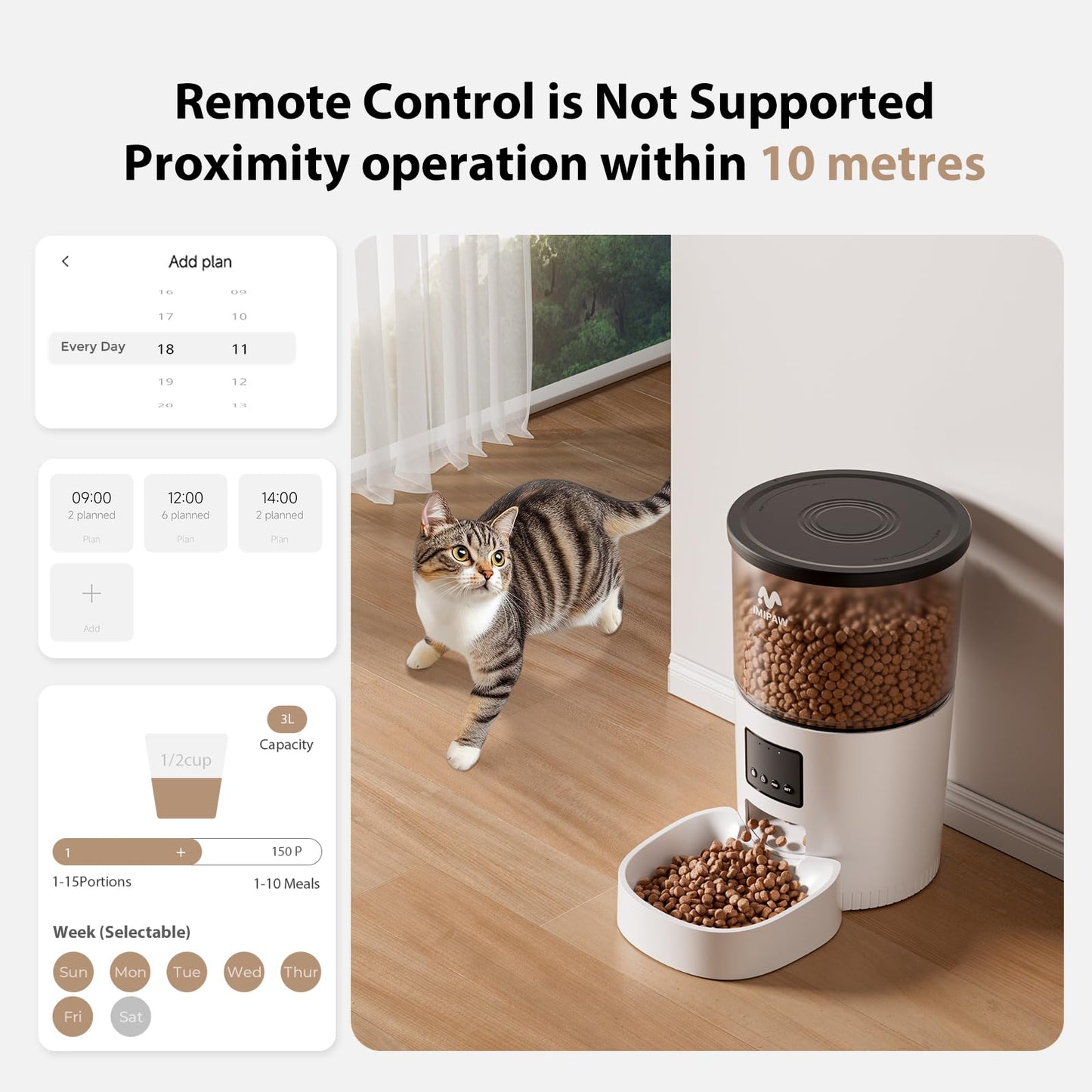 IMIPAW Automatic Cat Feeder - 3L Pet Dry Food Dispenser with Timed Programmable Portion Control, Dual Power Backup, Easy Set Up, 10 Meals Per Day for Cats and Puppies（Remote Not Supported）