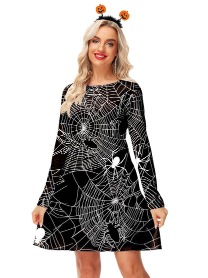 Womens Spiderweb Dress Halloween A-Lined Flare Holiday Dress with Pocket XL