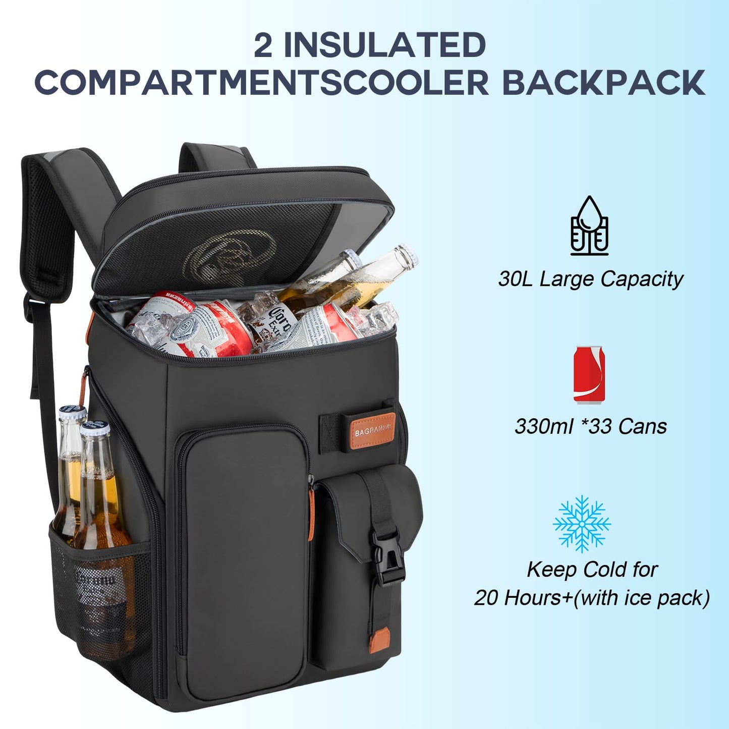 Insulated Cooler Backpack,Bagparkk 33 Cans Multifunctional Double Deck Leakproof Cooler Bag with Sternum Strap,Large Capacity Lightweight Travel Camping Beach Backpack Cooler Ice Chest for Men Women