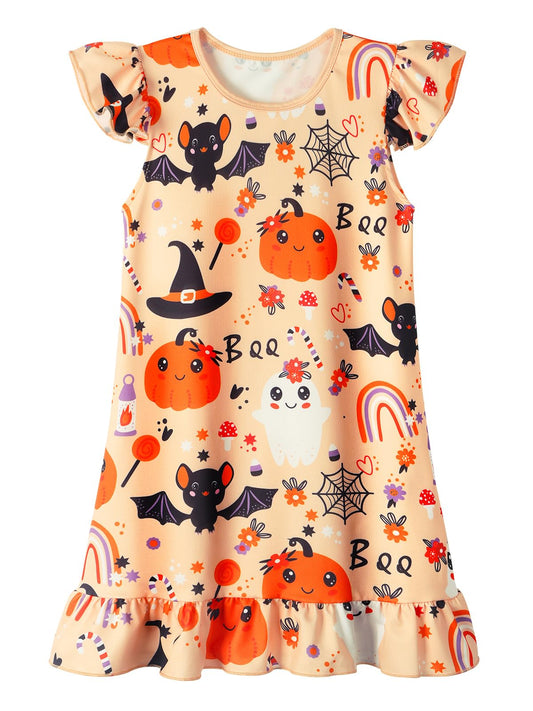WonderBabe Girls Halloween Nightgowns Flutter Sleeves Nightdress Nightie Dress Sleepwear Pajamas for Little Girls Size 7-8 Yellow