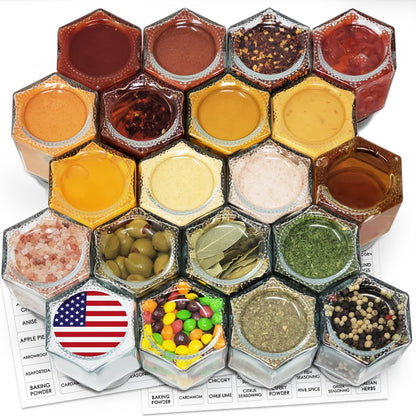 20 Set Magnetic Spice Jars Large 4 oz Refrigerator Hexagon Glass Spice Jars Magnetic Lids Shaker Spice Labels Magnet Glass Spice Containers for RV Travel Trailer Kitchen Fridge Cabinet Wall mount