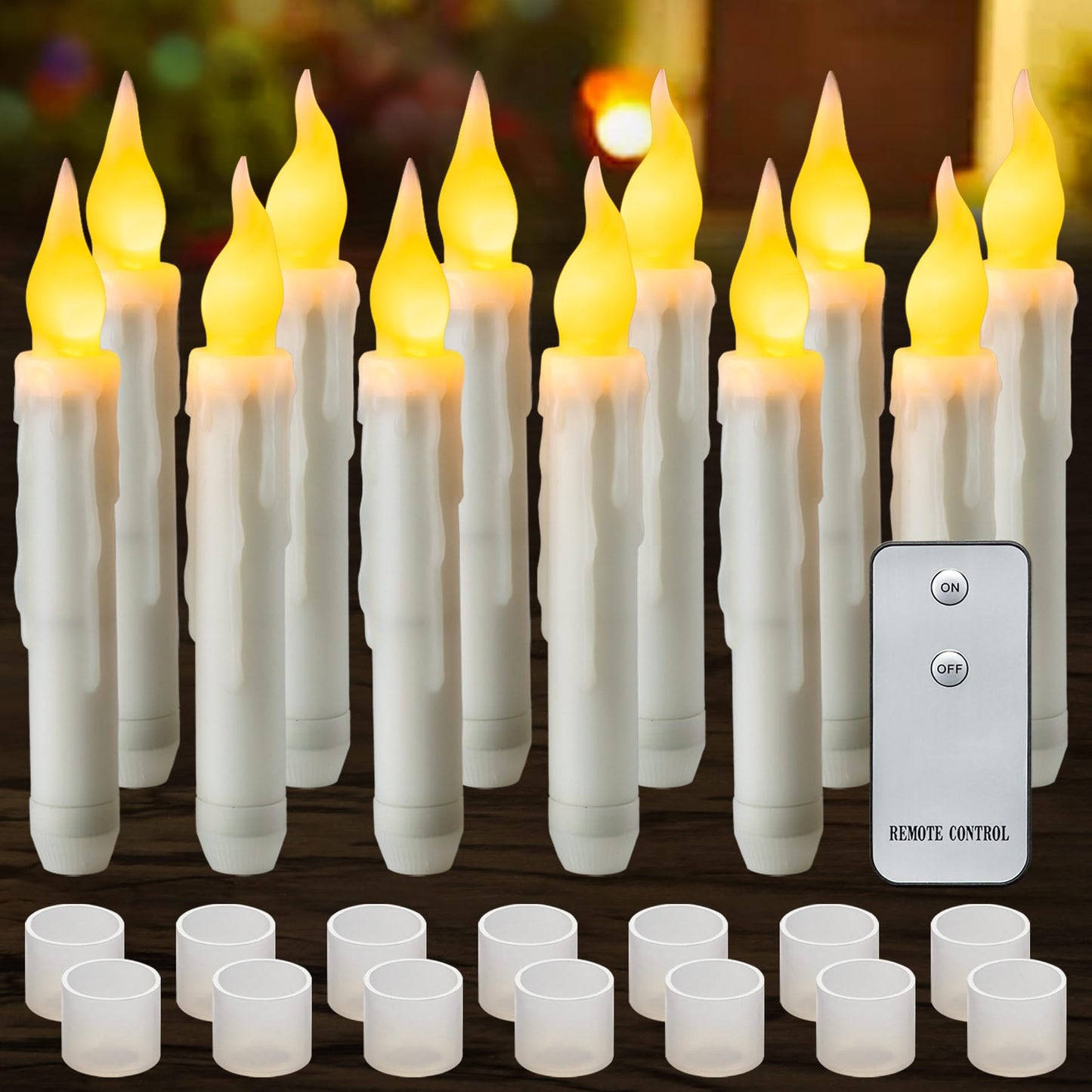 Yakpo 12 Pack LED Taper Candles Battery Operated with Remote, Flameless Flickering Halloween Floating Candle Lights Outdoor Electric Fake Candle Bulk for Chandelier Holder Christmas Party Decorations