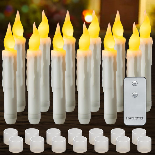 Yakpo 12 Pack LED Taper Candles Battery Operated with Remote, Flameless Flickering Halloween Floating Candle Lights Outdoor Electric Fake Candle Bulk for Chandelier Holder Christmas Party Decorations
