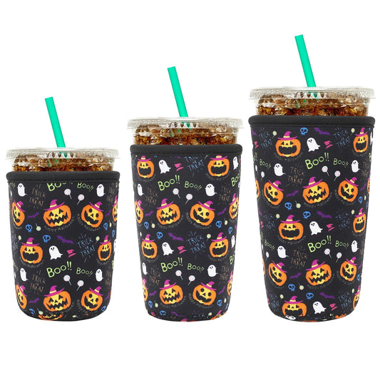YR Reusable Neoprene Insulator Sleeve for Iced Coffee Cups, 3 Pack Coffee Coolies sleeves for Iced & Hot Drinks, Cold Beverage Cooler Compatible with Starbucks Coffee and More (Halloween Boo)