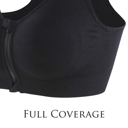 INIBUD Women's Zip Front Sports Bra Racerback Post Surgery Wirefree Seamless Removable Pads Yoga Plus Size Workout Fitness Running (Black, Small)