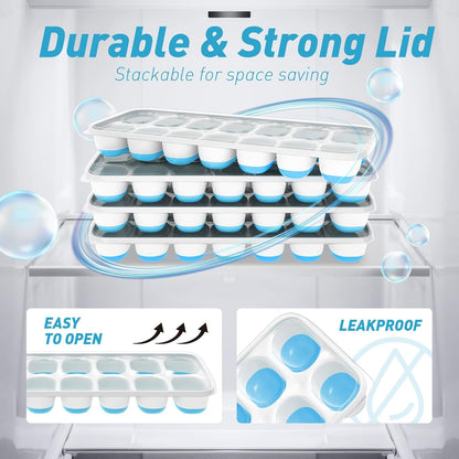 Ice Cube Tray with Lid, 4 Packs 56 Cubes Durable Stackable Ice Cube Trays for Freezer with Removable Lids, Easy-Release Plastic & Silicone Ice Tray for Cocktail, Coffee