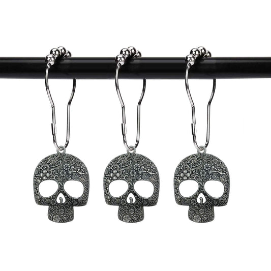 ZILucky Set of 12 Sugar Skull Shower Curtain Hooks Decorative Home Bathroom Stainless Steel Rustproof Skeletons Shower Curtain Rings Decor Accessories (Pewter)