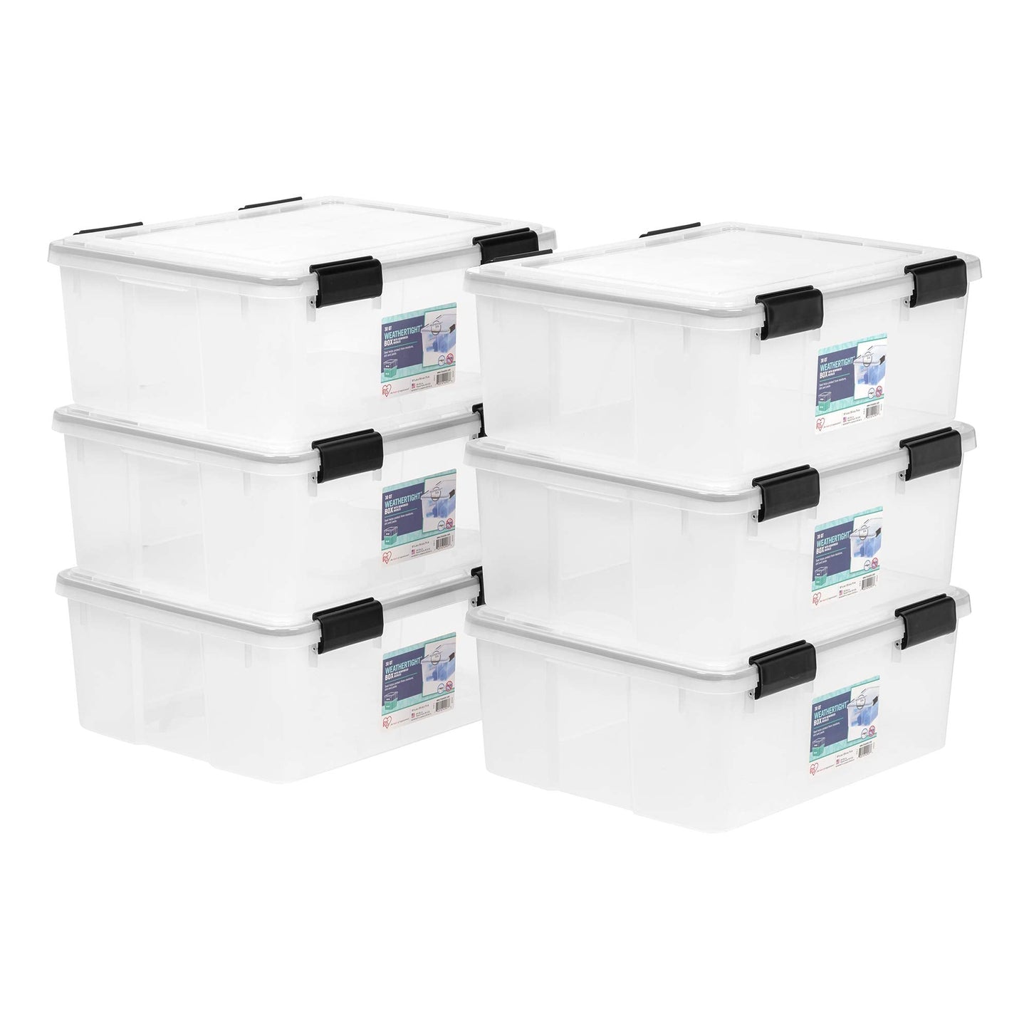 IRIS USA WeatherPro 31 Qt Storage Bins with Lids, 6 Pack, BPA-Free Plastic Gasket Box with Tight Latch and Seal, Stackable Nestable Tote Tub - Clear/Black