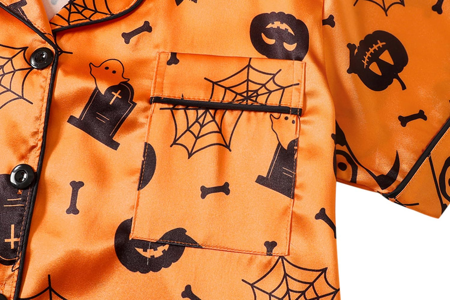 YIJIU Womens Halloween Satin Silky Pajama Sets Short Sleeve Sleepwear Button Down Loungewear 2 Piece Pjs Shorts Set,Halloween Orange,XS
