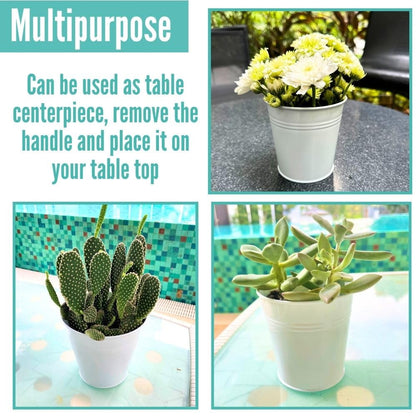 LaLaGreen Hanging Planters - 10 Pack, 4 Inch Balcony Railing Hanging Herb Garden Wall White Metal Bucket Fence Planter for Outdoor Plants Flower Pot Deck Rail Porch Window Box Hooks Macetas Colgante